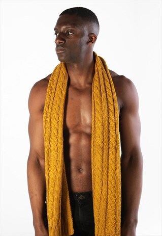 ESSENTIAL WOOL CABLE TEXTURED TASSEL SCARF - MUSTARD YELLOW