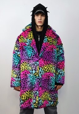 Tie-dye faux fur leopard coat rainbow trench jacket in pink
