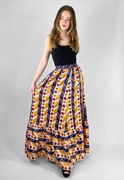 70's Retro Vintage Floral Stripe Tiered Prairie Maxi Skirt