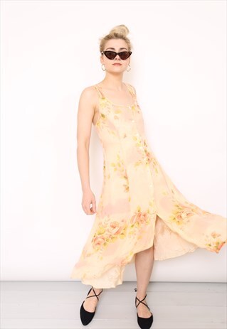 VINTAGE 90S PEACH FLORAL CHIFFON BUTTON MIDI DRESS