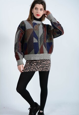 VINTAGE PATTERNED KNITTED JUMPER WITH GRUNGE PRINT