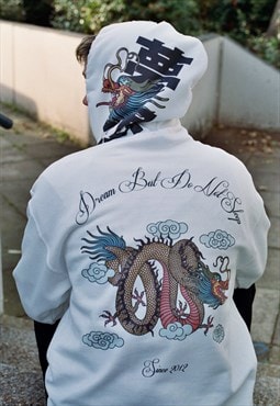  Heavyweight Hoodie In White With Chinese Dragon Print