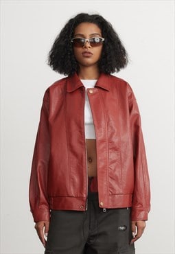 Red faux leather jacket utility racing bomber gorpcore coat