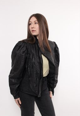 Vintage leather blazer, 80s woman black leather jacket