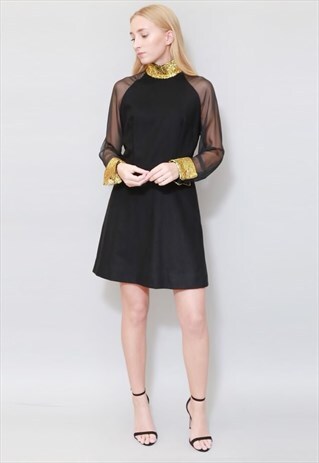 VINTAGE 1960'S STUNNING BLACK MESH & GOLD FOIL MINI DRESS