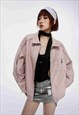 FAUX LEATHER JACKET RETRO WASH PU BOMBER GRUNGE COAT IN PINK
