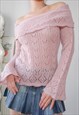 vintage balletcore pink crochet knit off shoulder jumper