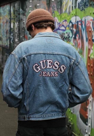 VINTAGE 90S RARE GUESS JEANS USA BLUE DENIM JACKET SPELLOUT