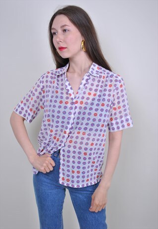 80S WHITE FLORAL BLOUSE, VINTAGE PURPLE FLOWERS SHIRT
