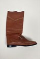 80'S LADIES VINTAGE BROWN EMBELLISED FLAT BOOTS SIZE 37