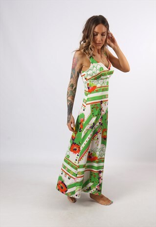 DRESS PATTERNED FLORAL PRINT VINTAGE LONG UK 8 - 10 (GG3R)
