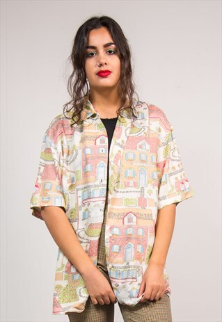 90'S VINTAGE PASTEL CUTE HOUSE PATTERN SHIRT BLOUSE