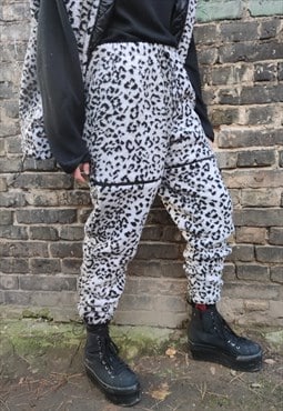 Leopard fleece joggers handmade animal print 2 in 1 overalls