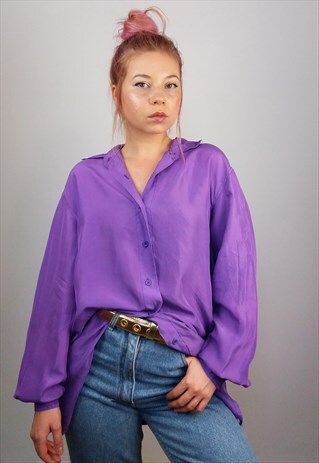 VINTAGE 80'S SILK BUTTON-UP SHIRT / BLOUSE IN PURPLE