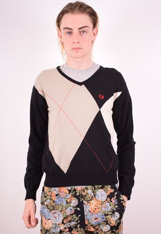 FRED PERRY MENS VINTAGE JUMPER SWEATER MEDIUM BLACK 90S
