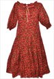 Vintage Maroon & Green Floral Puff Sleeve Dress - L