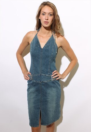 VINTAGE 1990'S 90'S SEXY STONEWASH DENIM HALTER DRESS M-L
