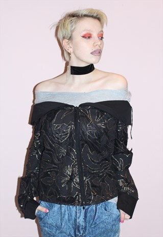 VINTAGE 80S BARDOT OFF SHOULDER METALLIC COLLARED ZIP JACKET
