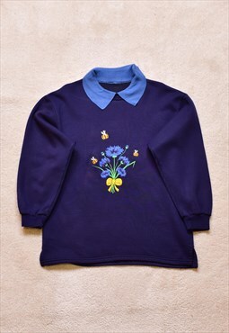 Women's Vintage 90s Navy Floral Bee Embroidered Sweater
