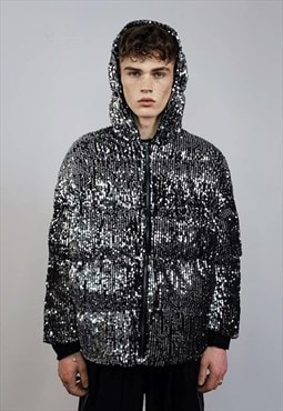 Silver sequin hooded bomber glitter jacket sparkle puffer 