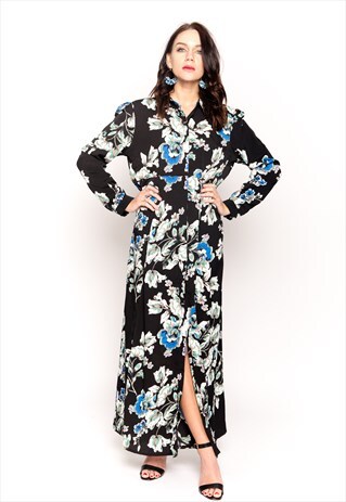 FLORAL PRINT MAXI DRESS OVERSIZE RELAXED FIT CARDIGAN BLACK