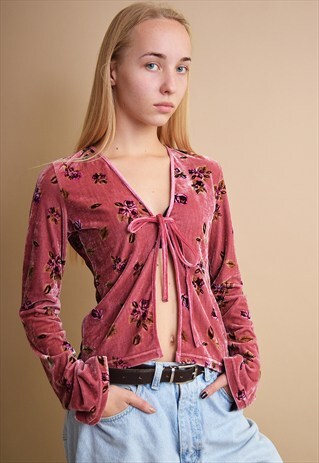90'S RETRO BOHO STYLE VELVET TIE UP BLOUSE TOP
