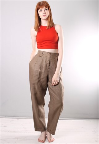 VINTAGE 80S BROWN HIGH WAISTED LINEN TROUSERS