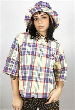 Upcycled Reworked Yellow Tartan Shirt With Leopard Collar