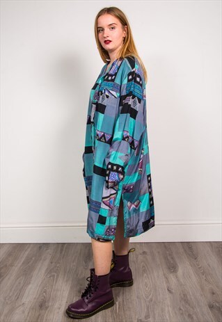 VINTAGE 90'S BLUE ABSTRACT PATTERN LONG SLEEVE SHIRT DRESS
