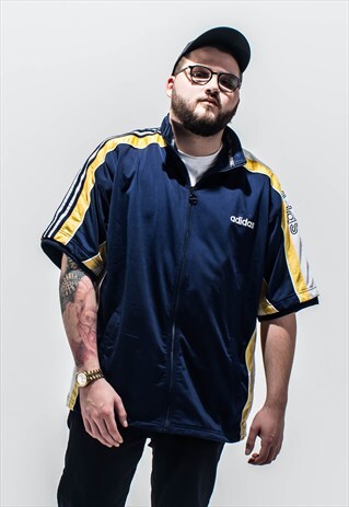 VINTAGE 90S ADIDAS SHORT SLEEVE TRACK TOP IN BLUE AND YELLOW