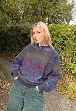 Vintage Chunky Knitted Abstract Patterned Winter Jumper