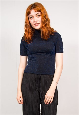 VINTAGE 90'S Y2K BLUE GLITTER HIGH NECK SHORT SLEEVE TOP