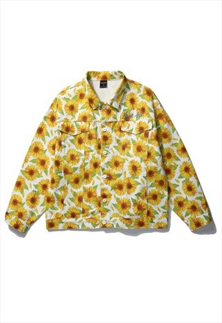 DAISY PRINT DENIM JACKET SUNFLOWER FLORAL JEAN COAT IN WHITE