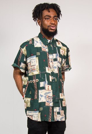 90'S VINTAGE GREEN ABSTRACT PATTERN SILK FESTIVAL SHIRT