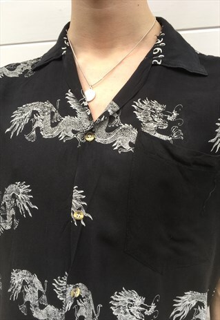 MENS 80S SHIRT BLACK CHINESE STYLE PATTERNED DRAGON TOP