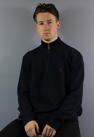 VINTAGE POLO RALPH LAUREN 1/4 ZIP KNIT SWEATSHIRT IN NAVY WI