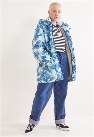 VINTAGE ICE SURPRISE GRAPHIC PRINT PUFFER COAT BLUE