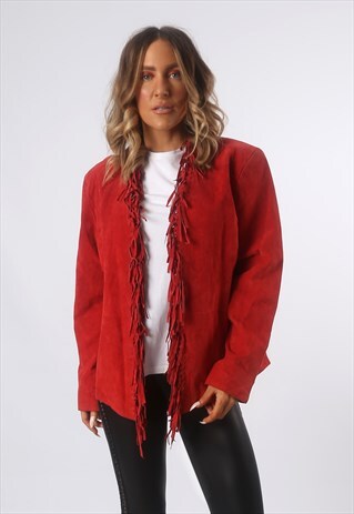 SUEDE LEATHER FRINGE TASSEL JACKET VINTAGE UK 14 (GF4F)