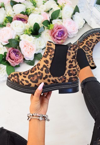 DIAMANTE CHELSEA ANKLE BOOTS - LEOPARD PRINT
