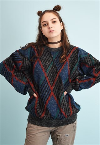 90'S RETRO ARGYLE PATTERN OVERSIZED KNIT JUMPER
