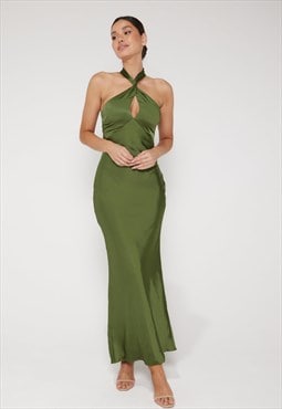 Jessica Halter Neck Keyhole Satin Maxi Dress - Olive Green