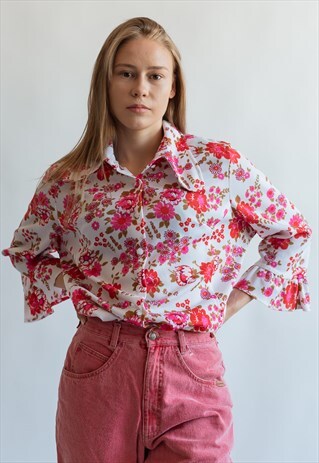 VINTAGE 60S RUFFLE SLEEVE FLORAL BLOUSE