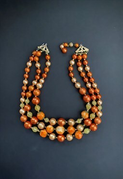 60's Vintage Ladies Necklace Orange Beaded Multi Chain