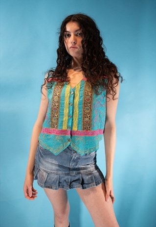 Vintage 80s Size L Embroidery Indian Waistcoat in Turquoise.