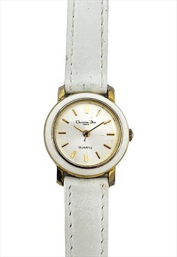 Christian Dior Watch White Leather Gold Round Vintage
