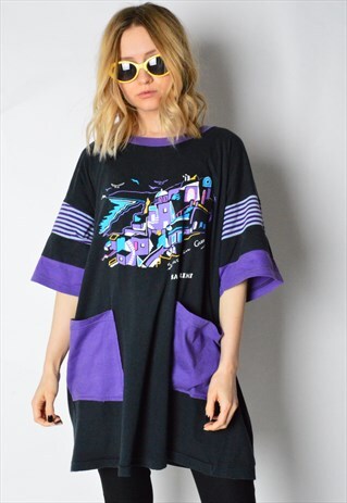 VINTAGE 60S BLACK PURPLE SANTORINI GREECE VACATION T-SHIRT
