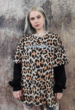 Leopard faux sleeve tshirt long animal print bleached tee