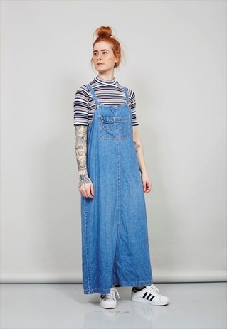 VINTAGE 90'S MID WASH DENIM MAXI DUNGAREE DRESS