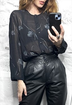 90s Sheer Aesthetic Floral Blouse / Top - M - L