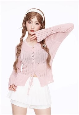 Transparent sweater flare sleeves sheer knitted jumper pink